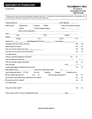TRI-COMMUNITY YMCA Employment Application