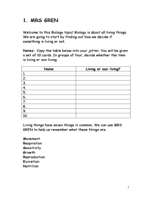 Biology MRS GREN Activity Worksheet
