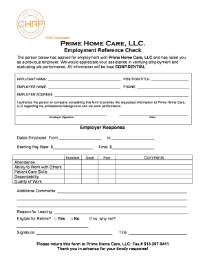 Prime Home Care Employment Reference Check