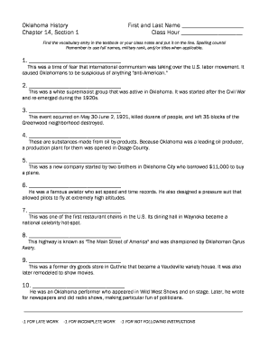 Oklahoma History Vocabulary Worksheet