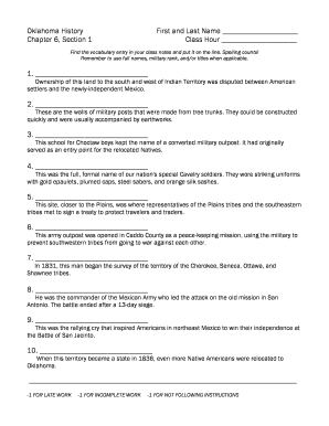 Oklahoma History Vocabulary Worksheet