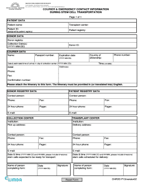 Courier Information Form for Stem Cell Transportation