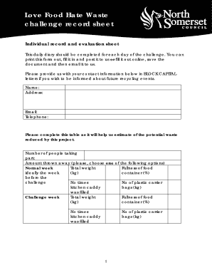 Love Food Hate Waste Challenge Record Sheet