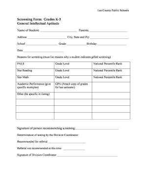 Lee County Public Schools Gifted Screening Form