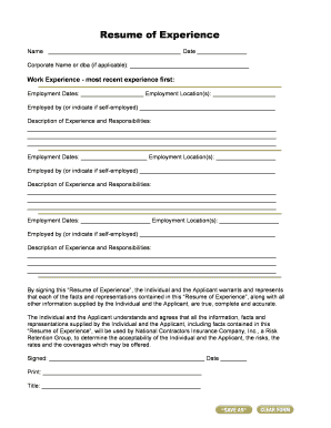 Resume of Experience Form