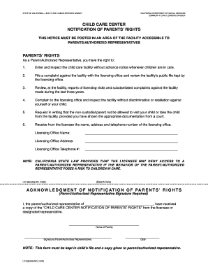 California Child Care Center Notification of Parents' Rights
