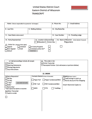 US District Court Transcript Request Form