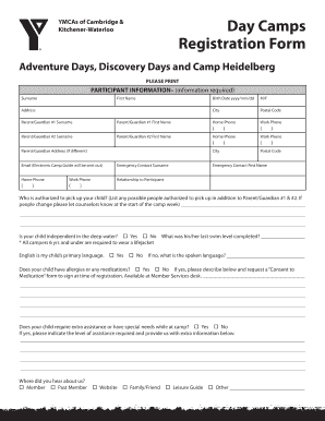 YMCA Cambridge & Kitchener-Waterloo Day Camps Registration Form