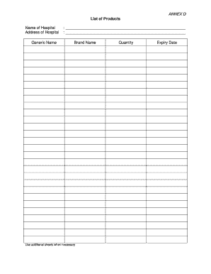 Hospital Product List Form