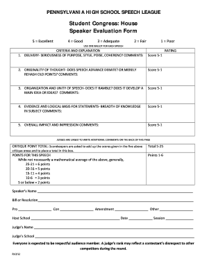 Pennsylvania High School Speech League Speaker Evaluation Form