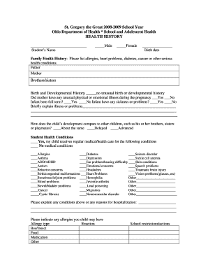 Ohio Student Health History Form