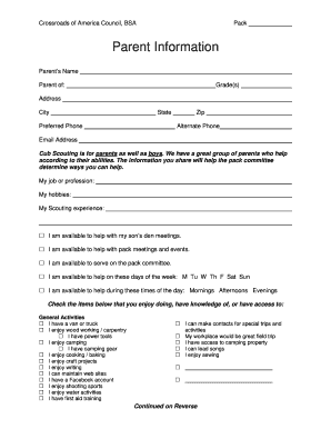 Cub Scouting Parent Information Form
