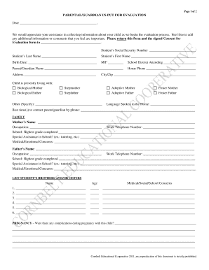Parental Guardian Input Form for Child Evaluation