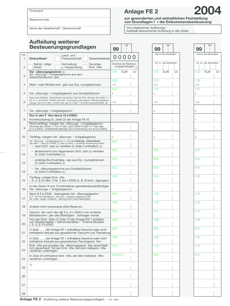 Erklärung Zur Gesonderten Und Einheitlichen Feststellung 2020 Pdf Ausfüllbar Online 2004 Finanzamt Anlage FE 2 Steuernummer zur