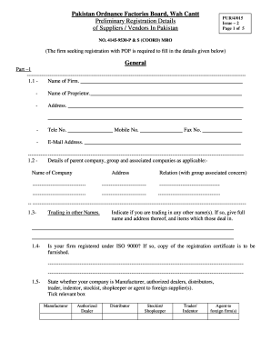 Pakistan Ordnance Factories Board Supplier Registration Form