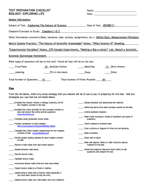 Test Preparation Checklist