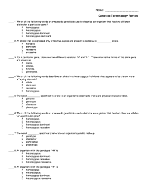 Genetics Terminology Review Quiz
