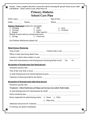 Primary Diabetes School Care Plan