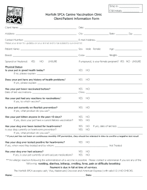 Norfolk SPCA Canine Vaccination Clinic Form