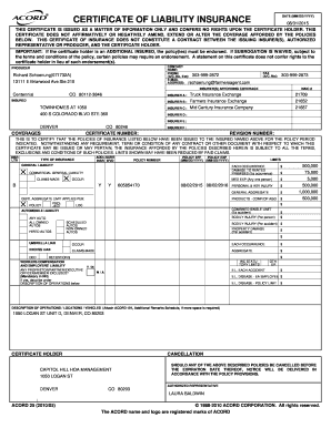 Certificate of Liability Insurance