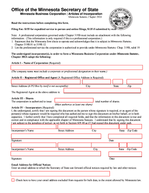 Minnesota Business Corporation Articles of Incorporation