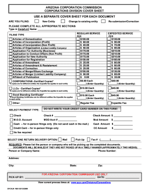 Arizona Corporation Commission Cover Sheet