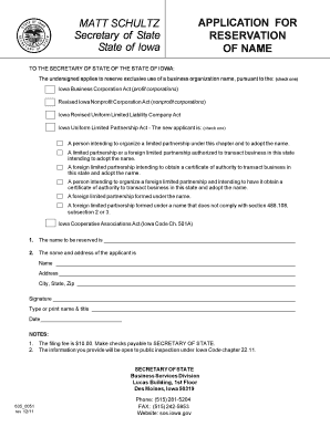 Iowa Business Organization Name Reservation Application