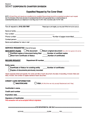 Maryland Corporate Charter Expedited Fax Request
