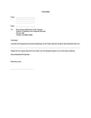 Transmittal for New Business Entity Filing