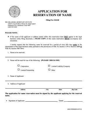 Oklahoma Business Name Reservation Application
