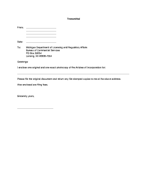 Transmittal for Articles of Incorporation