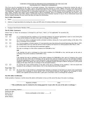 Certification for No Information Reporting on Principal Residence Sale
