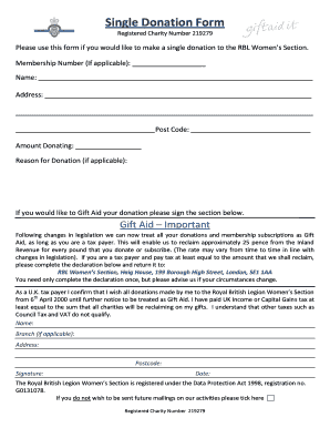 Single Donation Form for RBL Women's Section