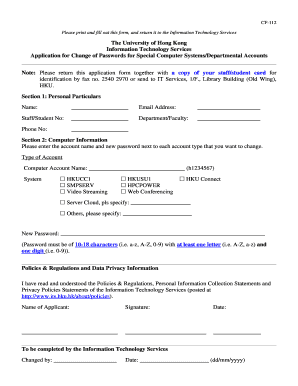 Application for Change of Passwords for Special Computer Systems/Departmental Accounts