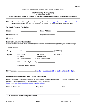 Application for Change of Passwords for Special Computer Systems/Departmental Accounts