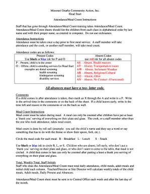 Missouri Head Start Attendance Meal Count Form
