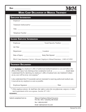 Blank menu printable - Work Comp DeClination of meDiCal treatment - MOCA - mocaonline