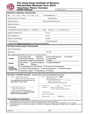 Hong Kong Institute of Bankers Membership Renewal Form 2016