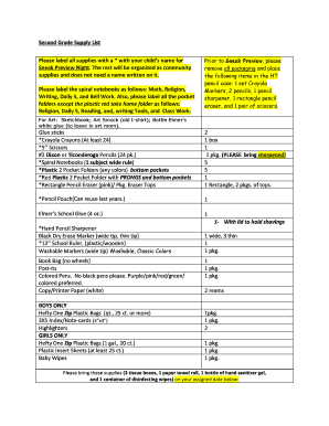 Second Grade Supply List