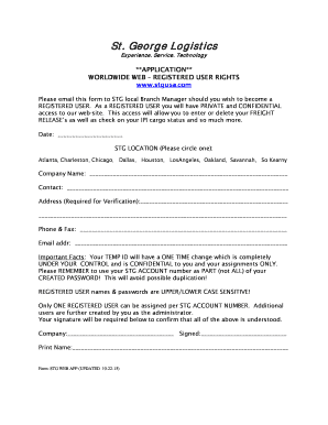 St. George Logistics Registered User Application