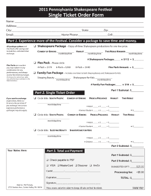 Pennsylvania Shakespeare Festival Ticket Order Form