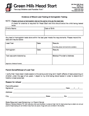 Head Start Lead and Hemoglobin Testing Form