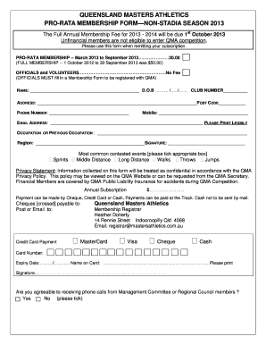 Queensland Masters Athletics Pro-Rata Membership Form