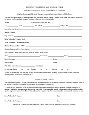 Medical Treatment and Release Form for Cheerleaders