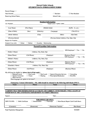Detroit Public Schools Student Data Enrollment Form