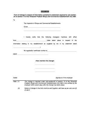 Himachal Pradesh Shops Change Notification Form