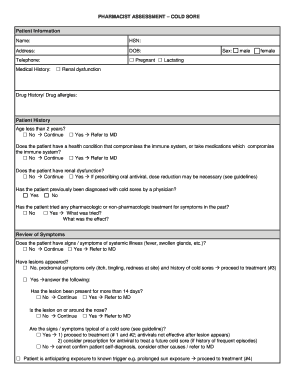 Pharmacist Assessment Cold Sore Form