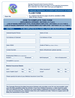 Camogie Personal Accident Insurance Claim Form