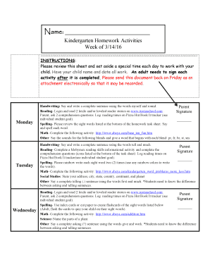 Kindergarten Homework Activities Form