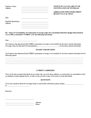 Notice of Unavailability of COBRA Continuation Coverage